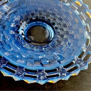 Vintage Fenton Blue Opalescent Glass Lace Edge Basket Weave Plate Nut Candy Dish